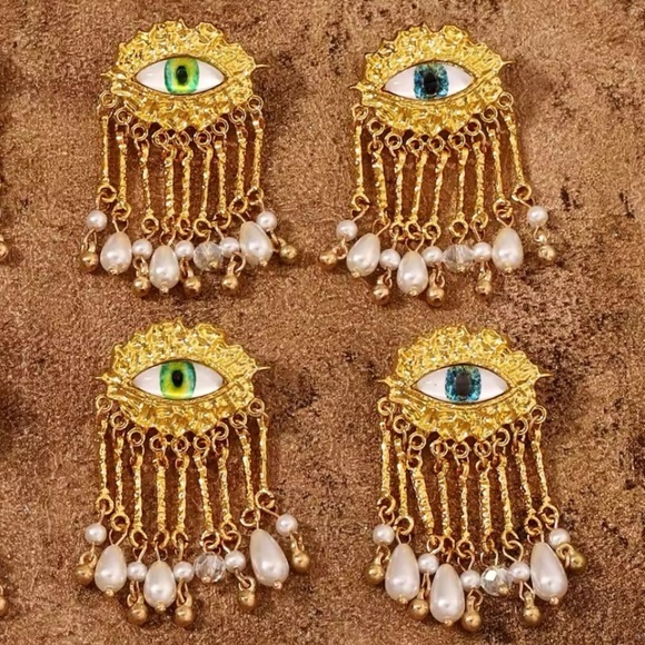 Anthropologie Maison Blue Evil Eye Protection Pearl Dangle Earrings - Picture 1 of 8